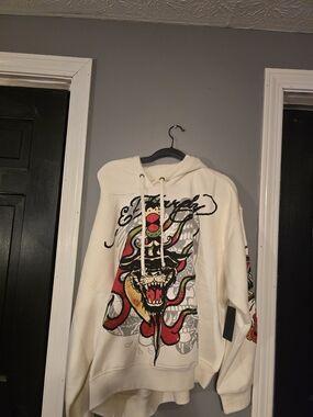 Ed Hardy Rhinestone Ivory Zip-Up Hoodie with Red & Black Graphic